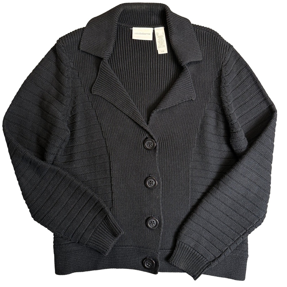 Liz Claiborne Womens Black Chunky Ribbed Button Front Cardigan Sweater One Size